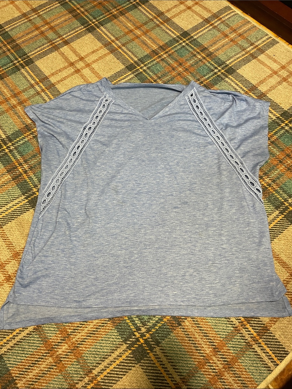 Light Blue Women's V-Neck Top with Lace Trim